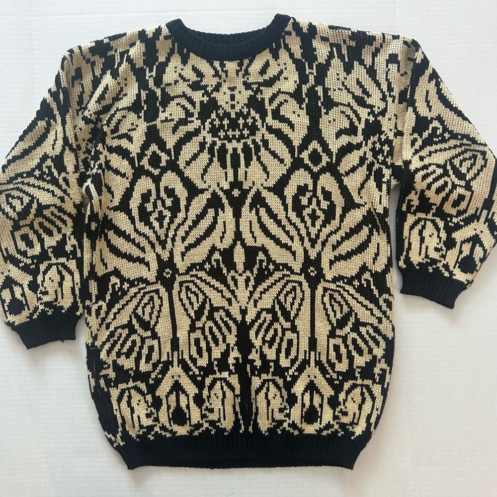 Vintage 90s Damask Beige Black Metallic Women's Sweater